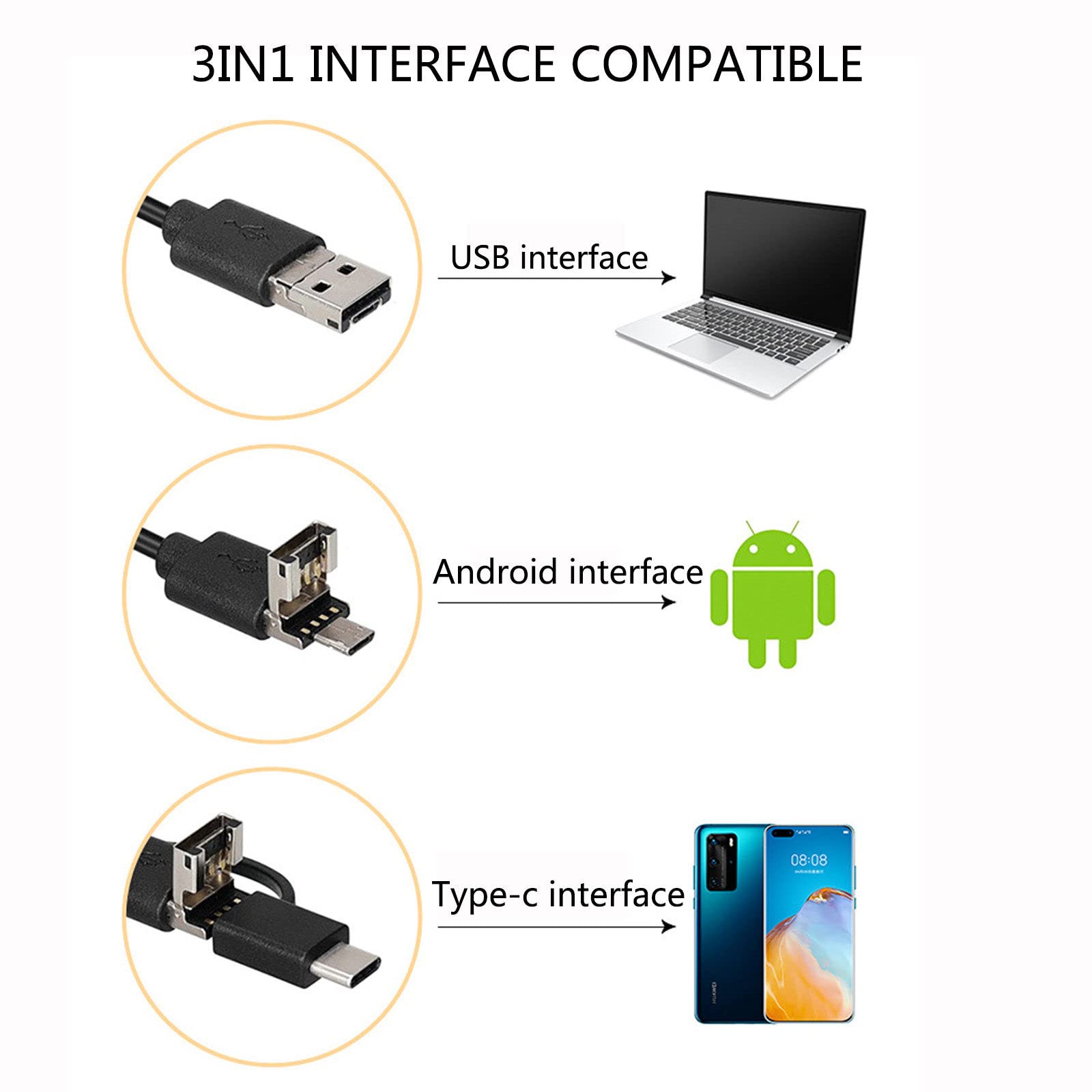 Endoskop do telefonu komórkowego trzy w jednym Usb 3.9mm Hd wodoodporny telefon komórkowy bezpośrednio podłączony do endoskopu do komputera, telefonu, tabletu,5M
