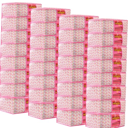 Image of Non-Woven Saree Covers with Zipper & Transparent Window | Clothes Storage Bags for Wardrobe Organization | Dustproof Garment Storage for Sarees, Dresses, and Clothes (Pink, Pack of 30)