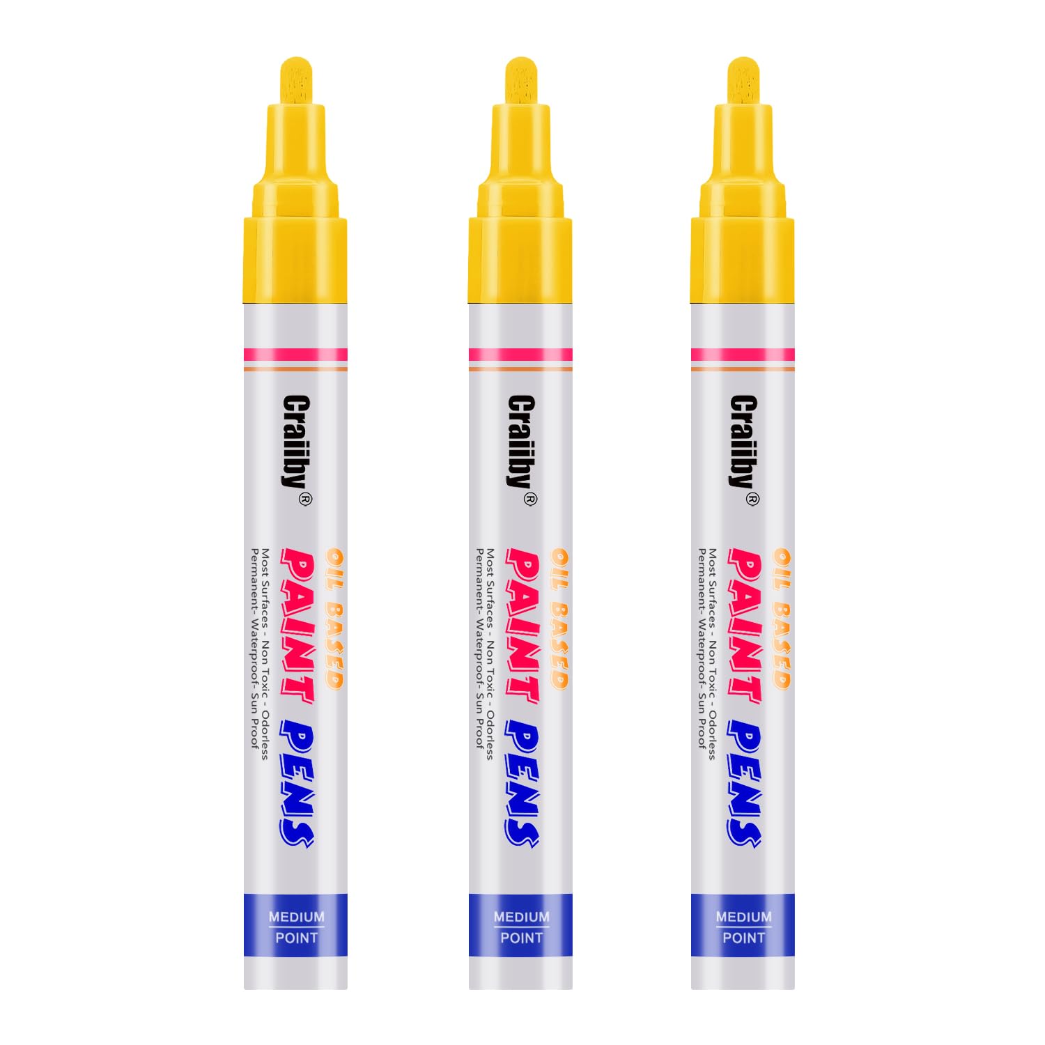 Yellow Paint Markers, 3 Pack Oil-Based Waterproof Quick Dry Permanent Paint Pen Set for Rocks Painting, Wood, Fabric, Plastic, Canvas, Glass, Mugs,