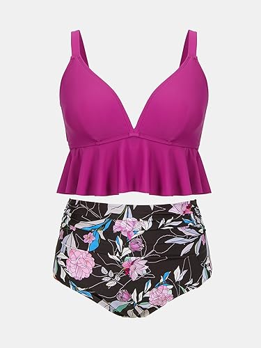 Miniatura 5 de CUPSHE Traje de baño para mujer, talla grande, conjunto de bikini de dos piezas, cuello en V, cintura alta, dobladillo con volantes, floral