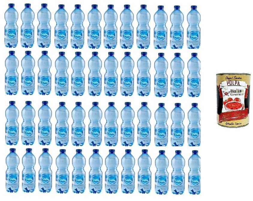 Vera, Acqua Frizzante Oligominerale,Agua con gas oligomineral desechable – Botella de PET – Botella de 48 x 500 ml + Lata italiana Gourmet Polpa di Pomodoro de 400 g