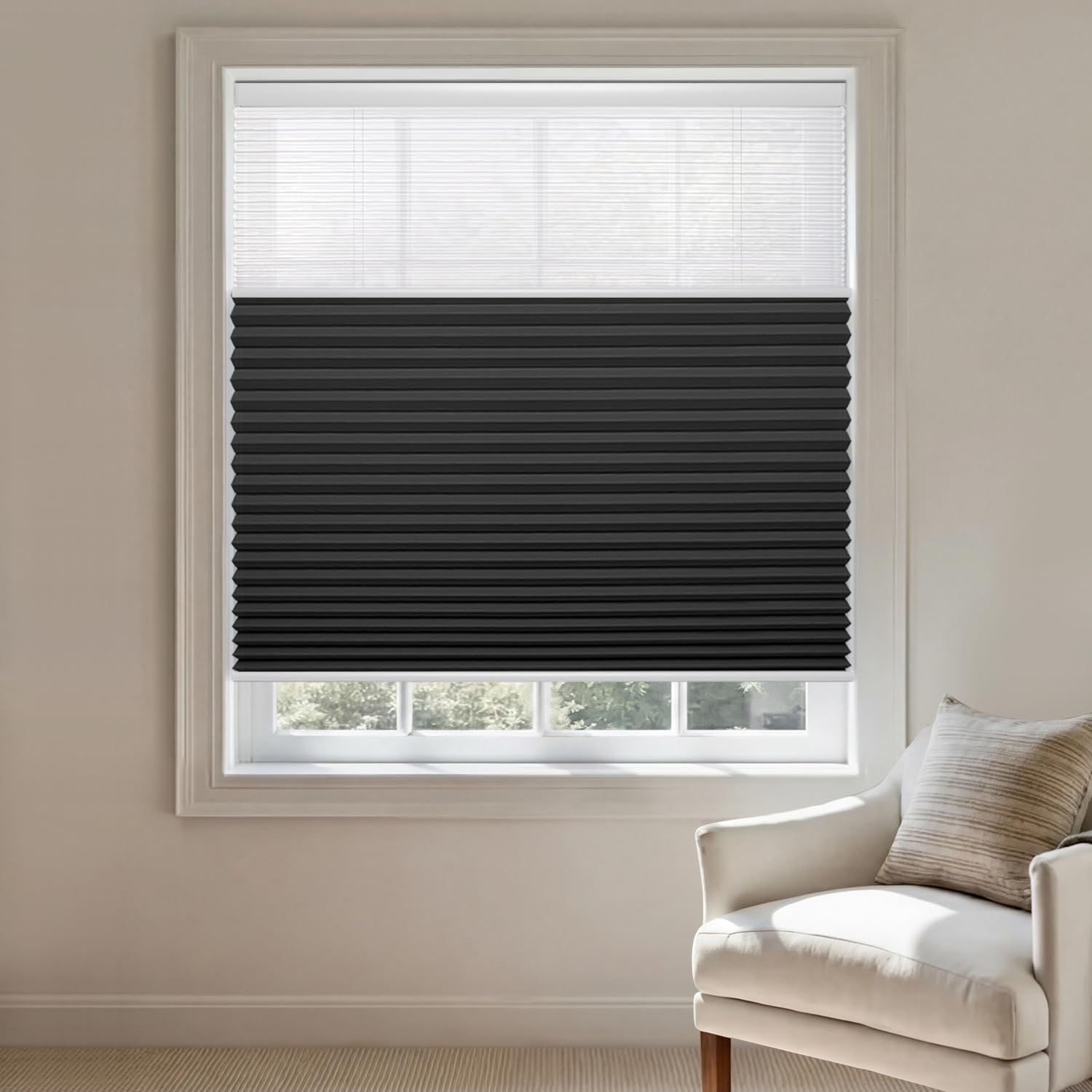 Godark Cordless Day Night Honeycomb Blinds 1.8" Cellular Shades 2 in 1 Window Blinds Thermal Insulated Noise Reduction Room Darkenin for Windows-Black(W)