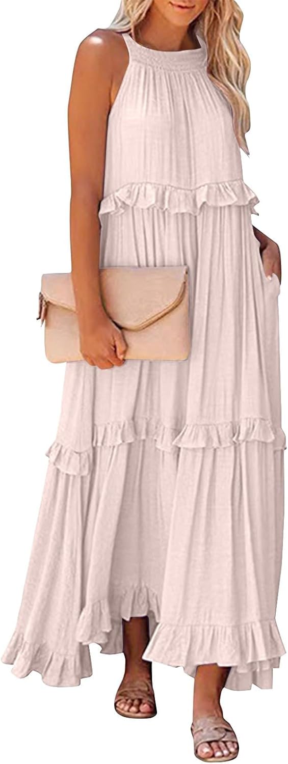 Summer Sleeveless Dress for Women Crew Halter Neck Tiered Pleated Loose Flowy Ruffle Maxi Sundress for Beach Vacation
