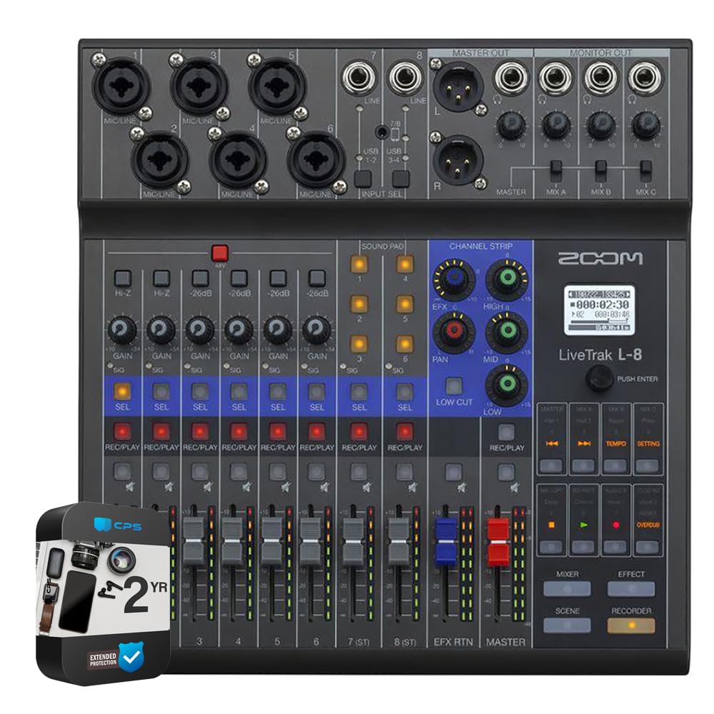 ZL8 LiveTrak L-8 8-Channel Digital Mixer and Recorder Bundle with 2 YR CPS Enhanced Protection Pack