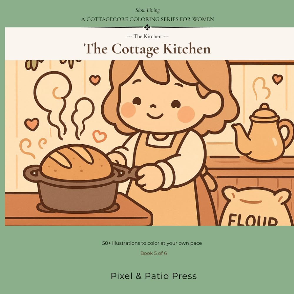 Slow Living: The Cottage Kitchen — A Cottagecore Coloring Book for Women | Theme Volume 5: 50+ Mindful Coloring Pages of Bread Baking, Herb Drying, ... — A Cottagecore Coloring Series for Women)