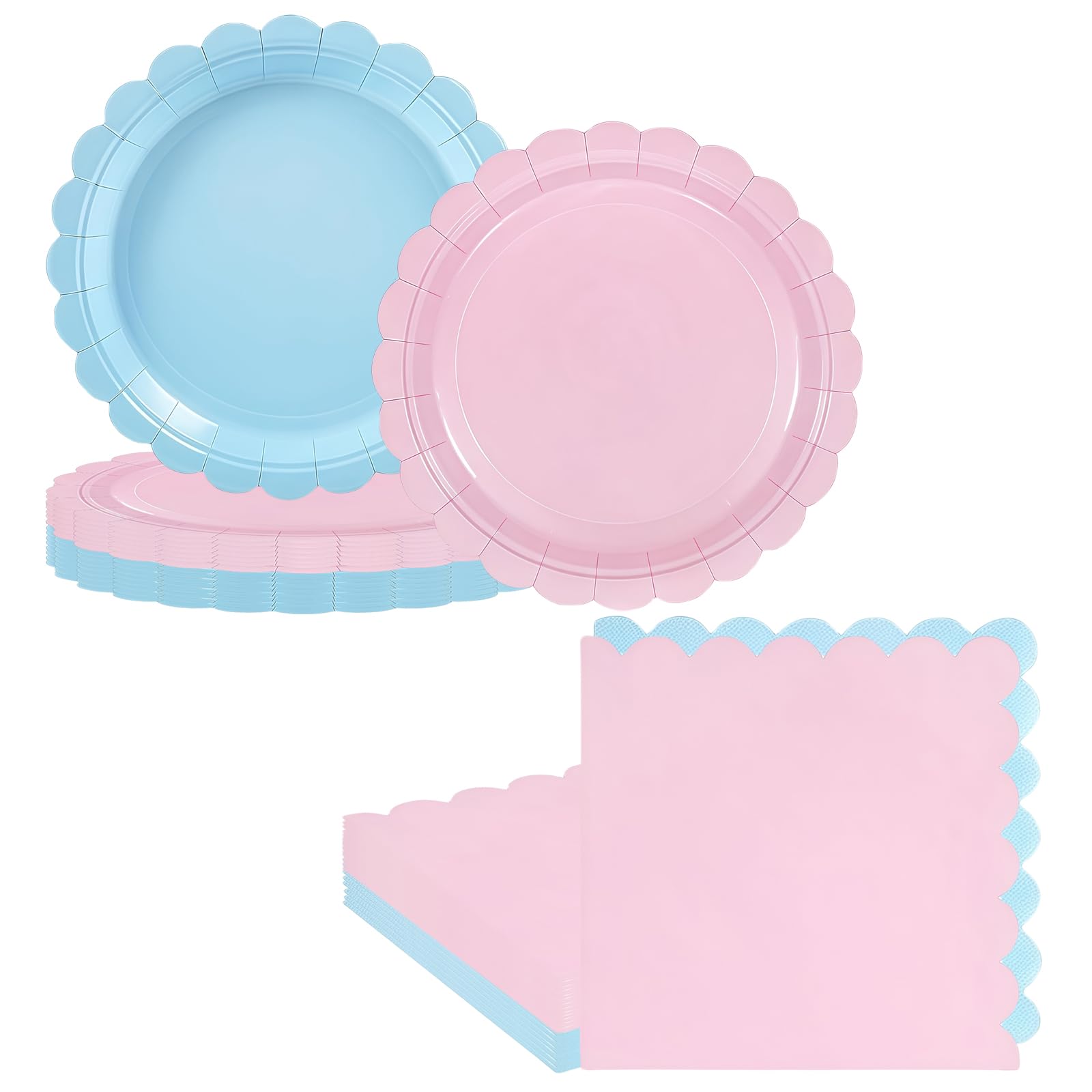 RONGZUBAT 50Pcs Blue Pink Paper Plates and Napkins Party Tableware Set,Scalloped Birthday Paper Dessert Cake Plates Serviettes Disposable Tableware Set for Gender Reveal Baby Shower Table Decorations