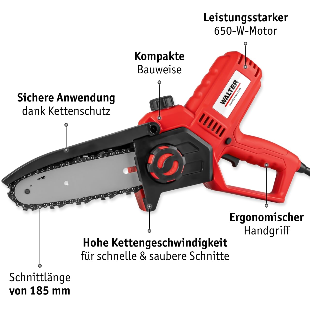 WALTER Kompakte Mini Kettensäge Elektro 650W, 20 cm Schwert, Astsäge
