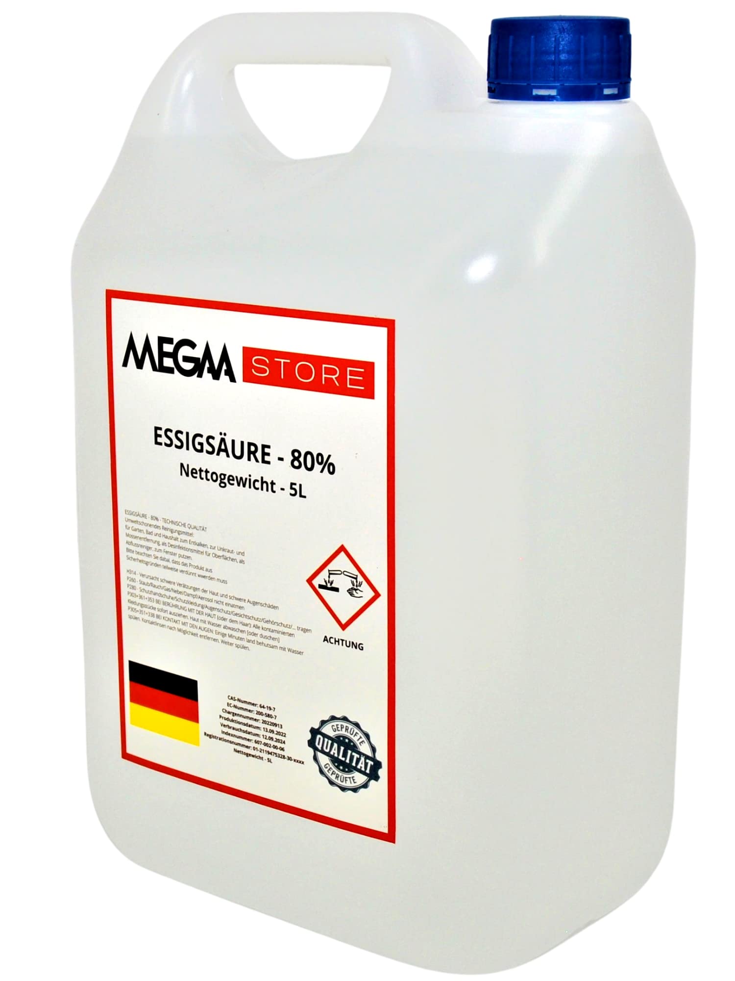 Megaastore Essigsäure 80% (E260) (UN2790) | Ideal als Reiniger und Entkalker für Haus und Terrase | 5 Liter