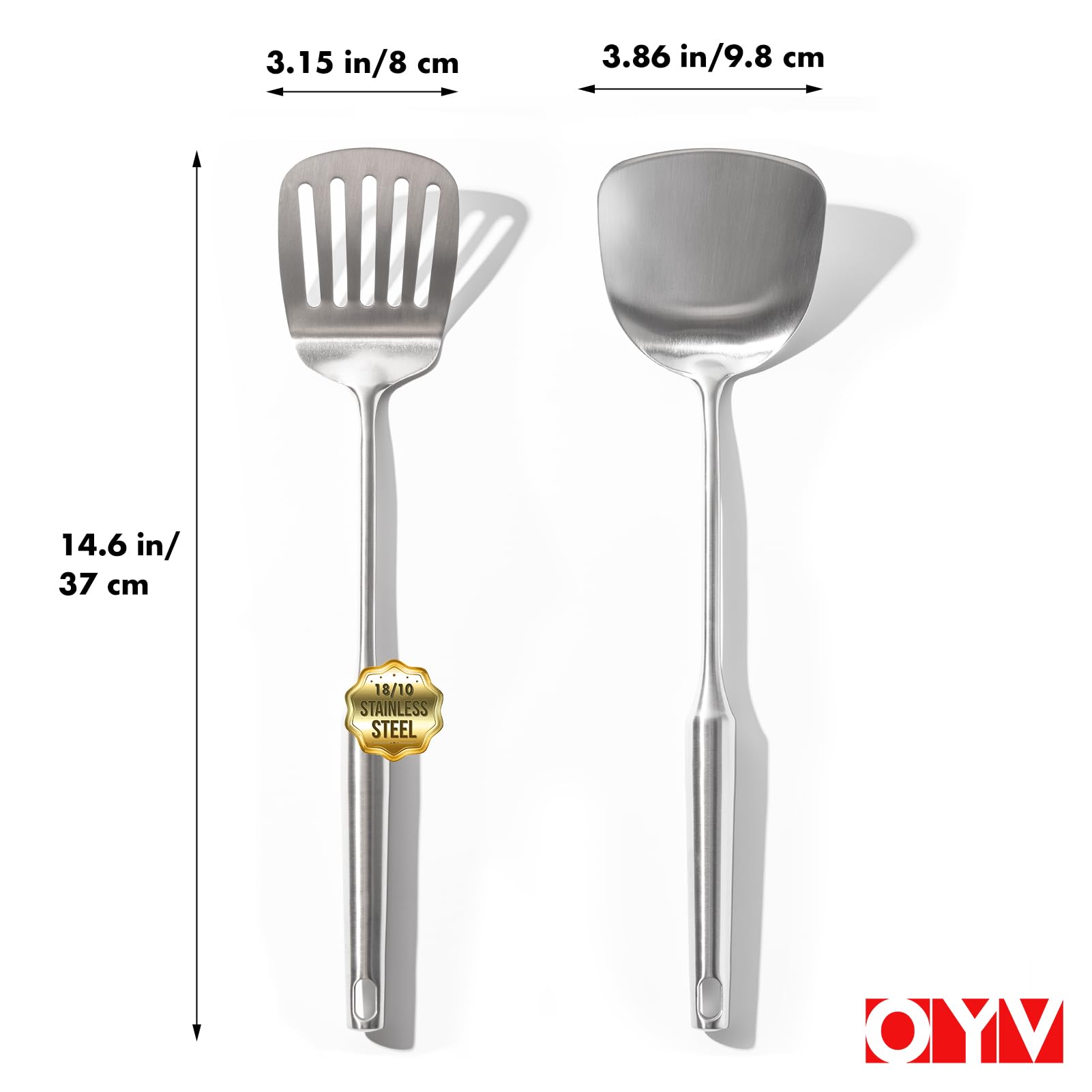 Juego de espátulas de acero inoxidable 18/10, espátulas de metal de 15 pulgadas para uso en cocina, 1 espátula ranurada + 1 espátula sólida, utensilios de cocina de metal resistentes al calor 6