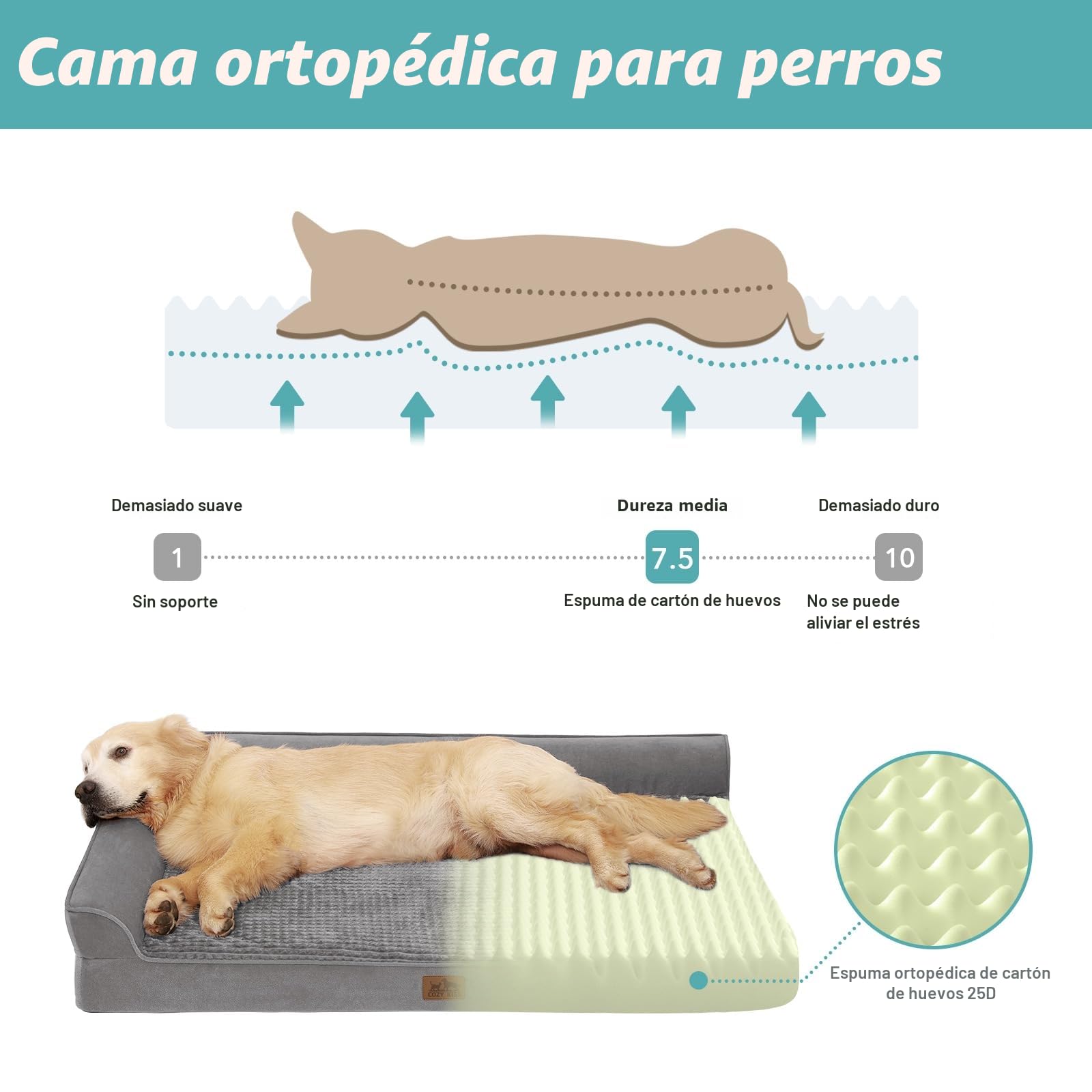 COZY KISS Sofá Perro Ortopédica Grande - Cama Perro Desenfundable y Lavable (Gris-L-Type, L(107 * 76 * 19CM))