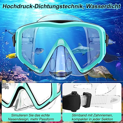 Schnorcheln Set Erwachsene, Schnorchelset mit Taucherbrille und Trocken Schnorchel, Wasserdicht Anti-Fog/Anti-Leck Schnorchelmaske aus Gehärtetem Glas zum Schnorcheln, Schwimmen und Tauchen