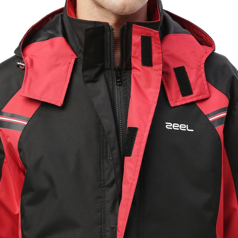 Image of ZEEL Rain Coat for Men Waterproof for Bike Riders with Adjustable Hood along with inner pockets,Waterproof Raincoat with Polyester Jacket,Pants and Waterproof Drawstring Bag