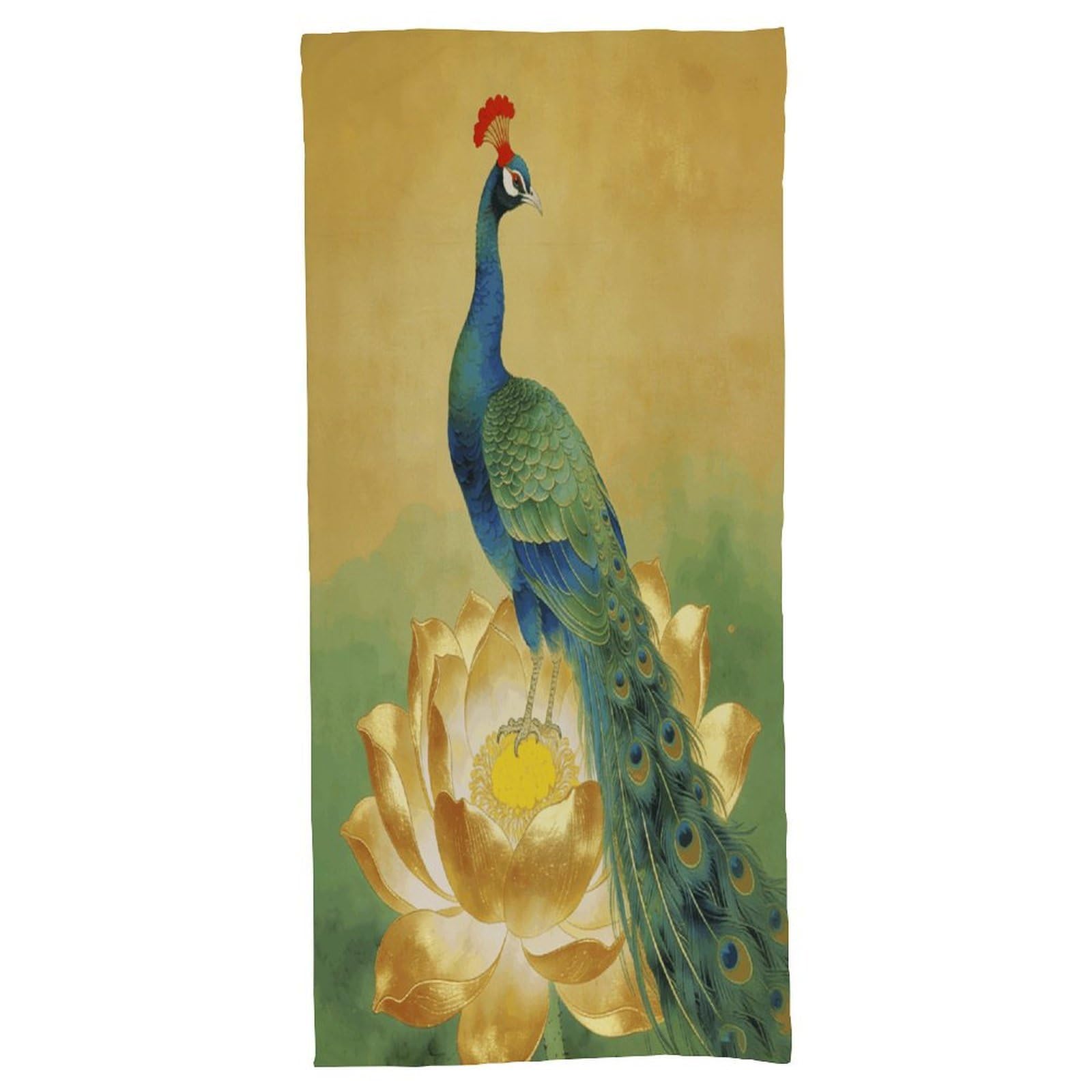 Fodpand Style Peacock On Golden Lotus Bath Towel, Highly Absorbent & Quick Drying Beach Towel, Compact & Lightweight Pool Towel For Bathroom, Beach, Pool, Gym, Spa, And Hotel Use