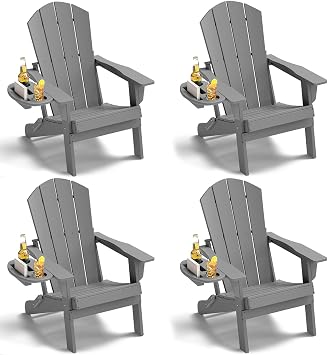 NAVINE Folding Adirondack Chairs Set of 4 with 4-in-1 Cup Holder, Grey