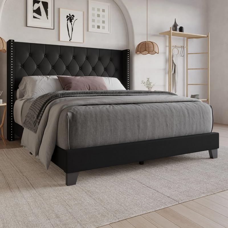 HITHOS Solid Wood Modern Upholstered Queen Size Bed with Tufted Headboard and Without Storage | Wooden Double Bed Cot Furniture for Home Hotel Bedroom Living Room (Black)-image-37