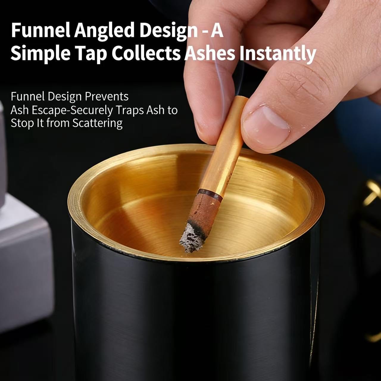 Car Ashtray with Lid Windproof Design, Leak-Proof & Smokeless, Removable Inner Cup for Easy Cleaning, Fire-Resistant Stainless Steel with Cigarette Rest (Black)