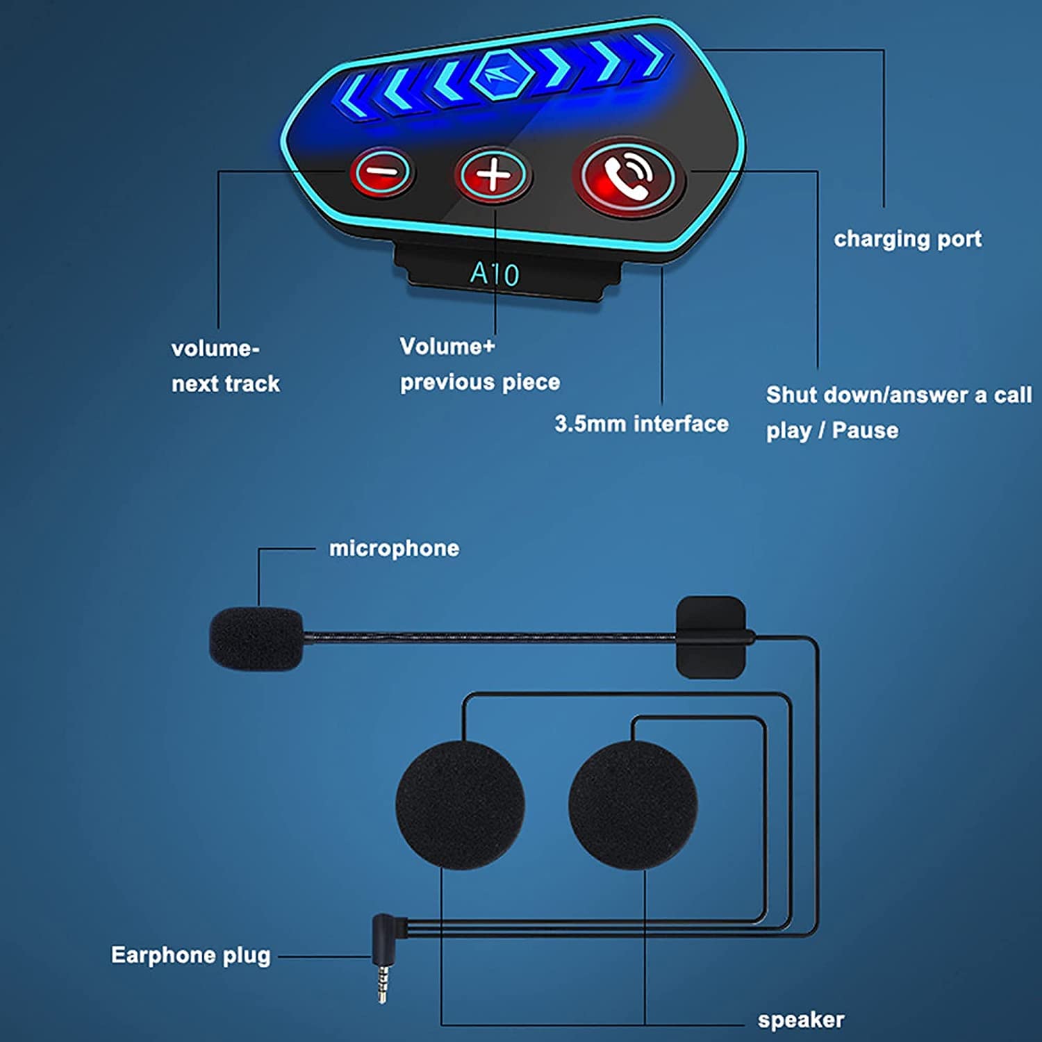 Casque de moto Bluetooth 160 heures de lecture, casque étanche Bluetooth 5.0 avec microphone, haut-parleur, annulation du bruit, HiFi stéréo, musique, auto-réponse, assistant vocal