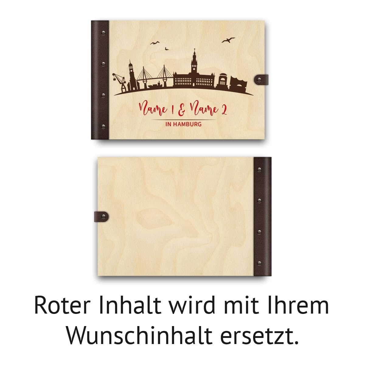 Personalisiertes Hochzeit Gästebuch echtes Holz DIN A4 Hochzeitsbuch mit Lasergravur - Hamburg - mit 72 Blatt / 144 Seiten Naturpapier Weiß