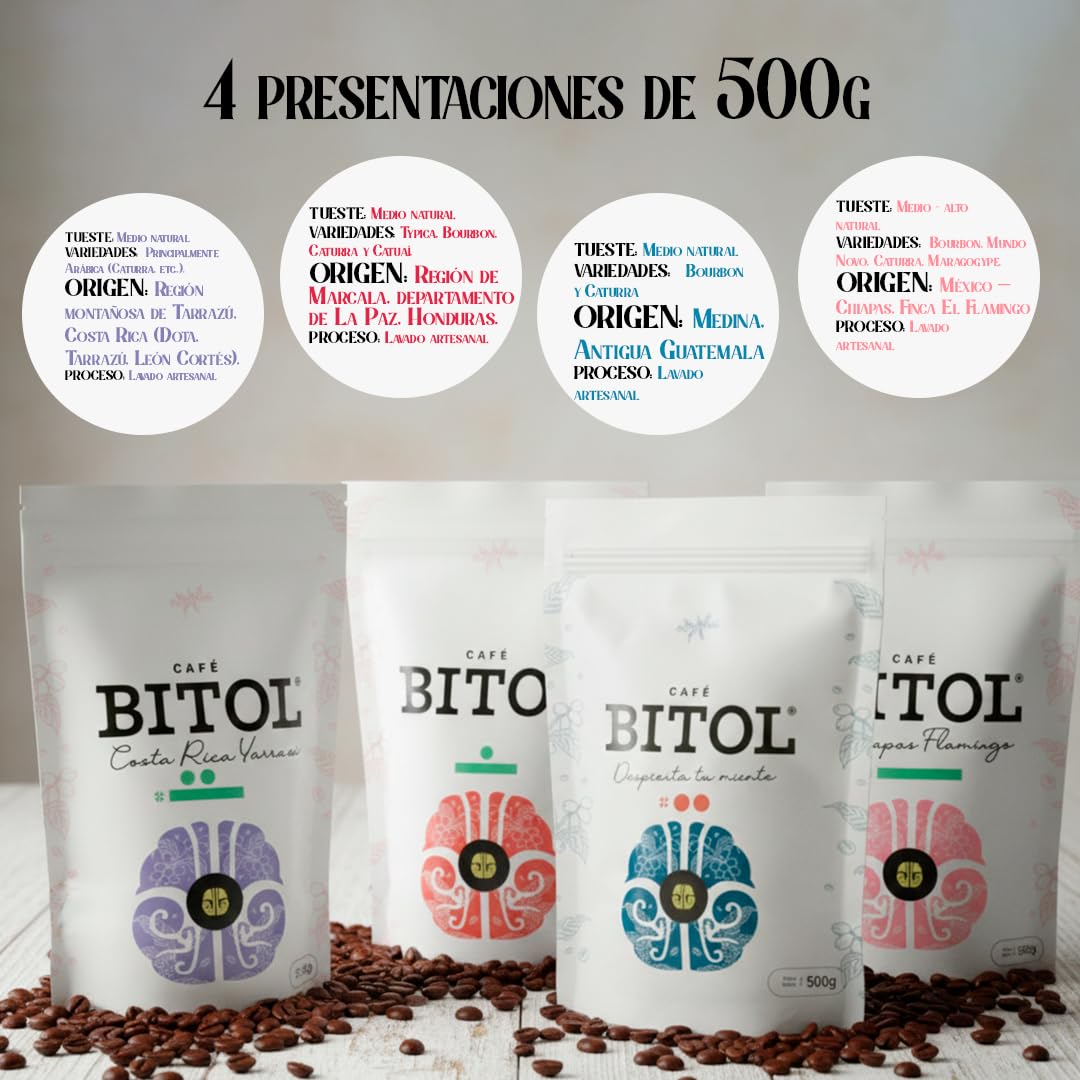 Cafés Bitol Pack 4 Cafe Mesoamérica 500 gr c/u | Costa Rica Tarrazú, Marcala Honduras, Flamingo Chiapas y Guatemala Antigua | Notas de Cítricos, Frutas, Caramelo y Cacao