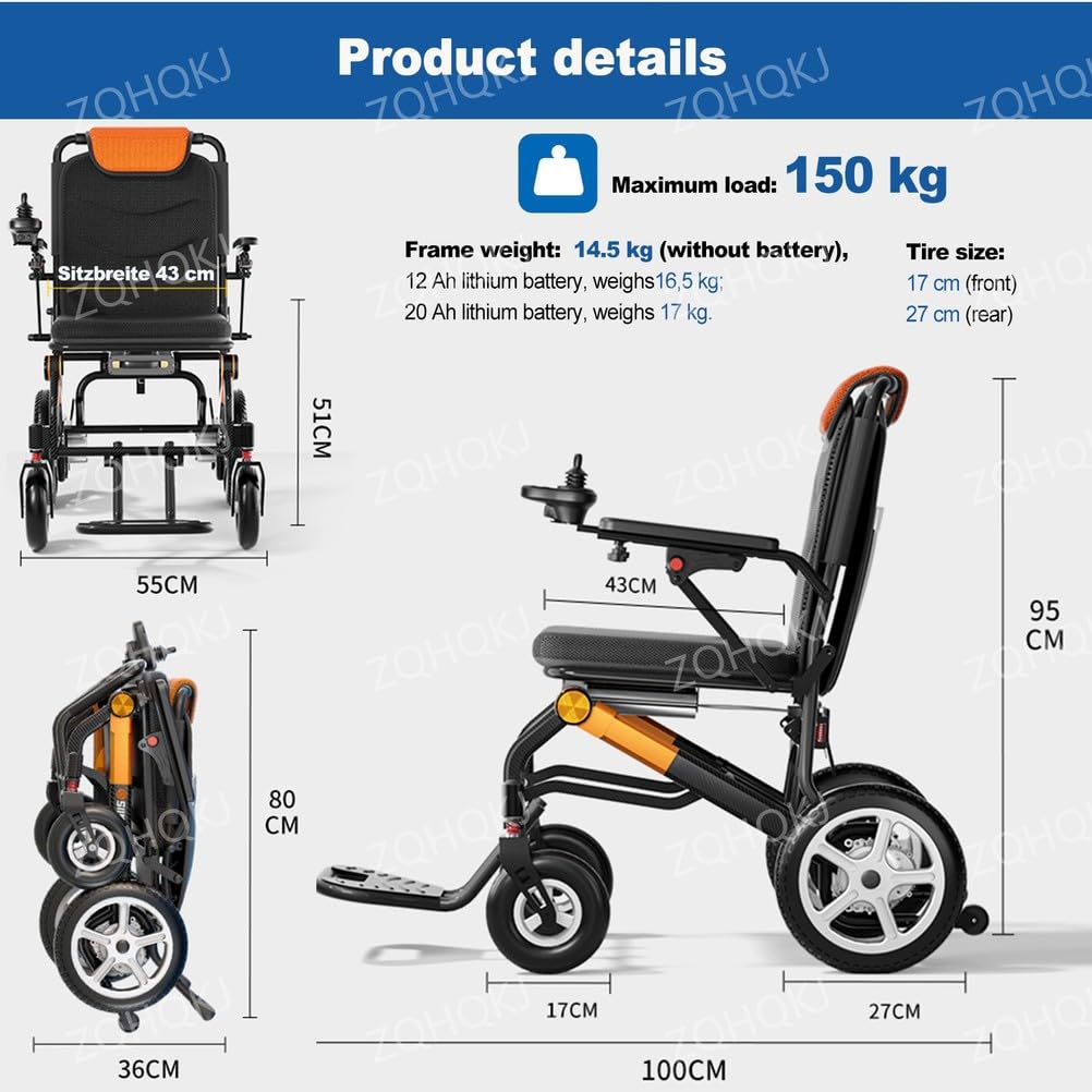 Silla de ruedas eléctrica con mando a distancia – 14,5 kg de peso ligero, silla de ruedas eléctrica plegable con motor de 400 W, alcance de hasta 35 km y soporta hasta 150 kg, ideal para