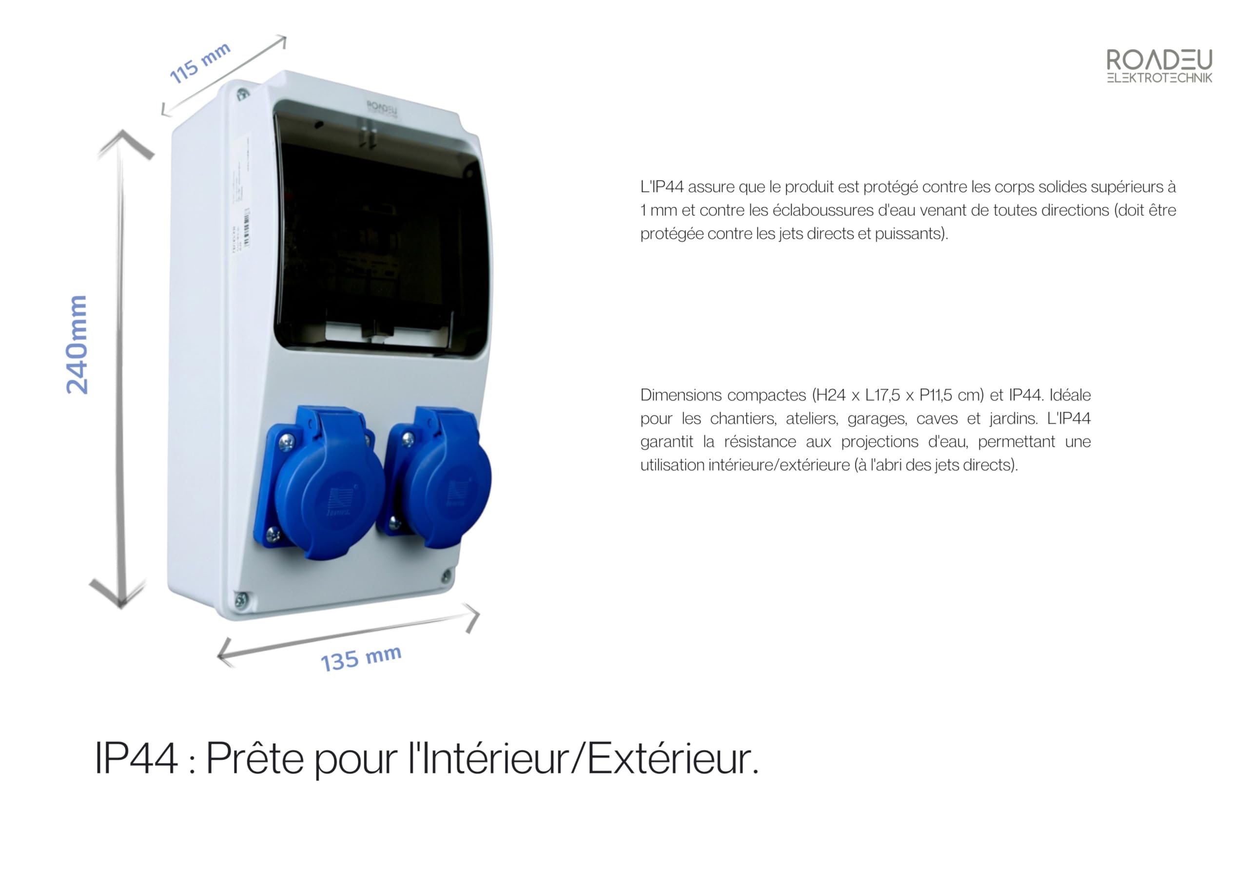 RoadEu – Coffret Électrique IP44 230V avec Prises 2P+T | Tableau de Distribution Mural avec Interrupteur Différentiel 30mA | Précâblé pour Atelier, Garage et Chantier (2x230V)