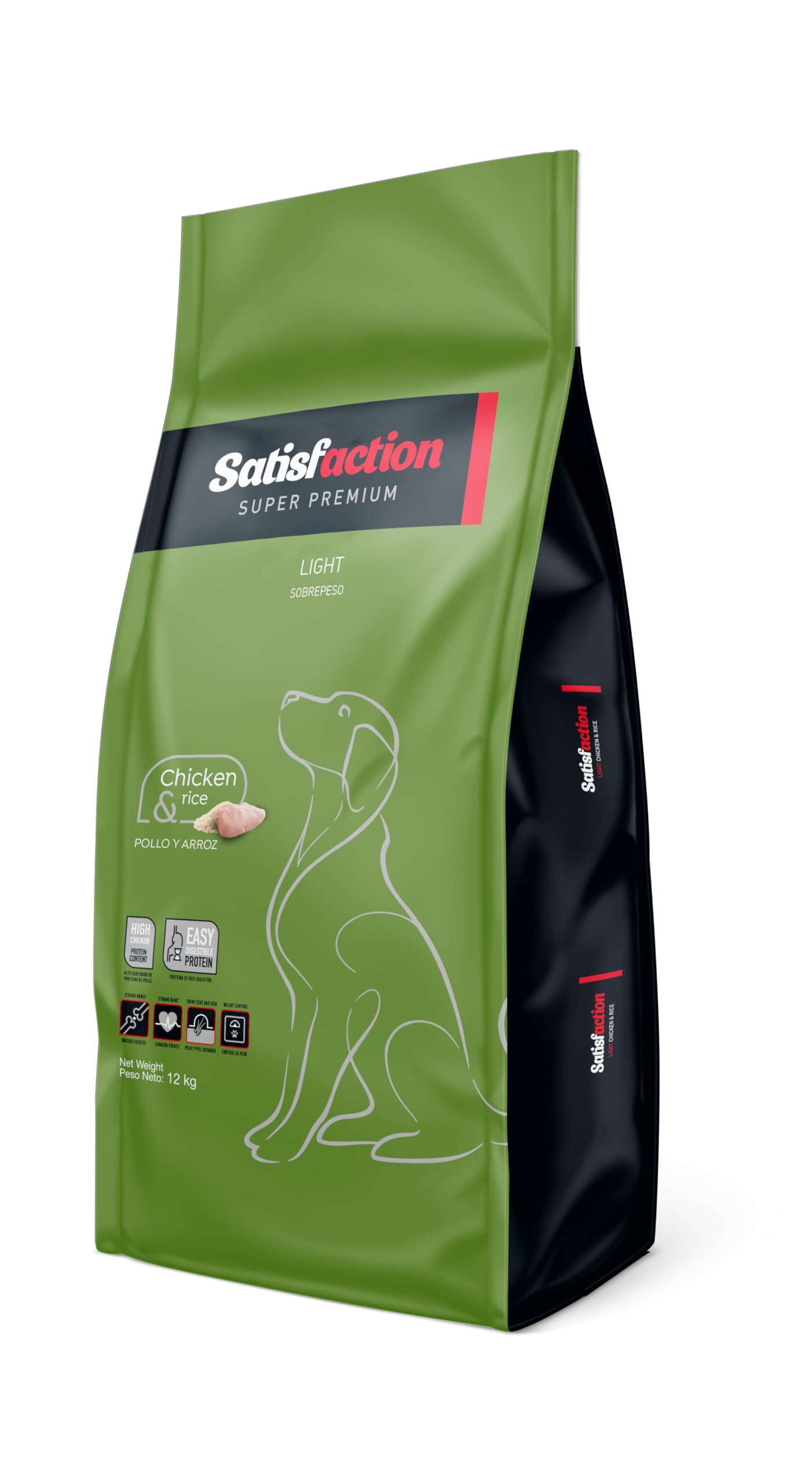 Satisfaction Light 12Kg. Perros esterilizados, castrados y con sobrepeso. Fórmula hipocalórica. con Condroitín de Sulfato y Glucosamina, para paliar los Problemas articulares. Pollo Fresco y arroz
