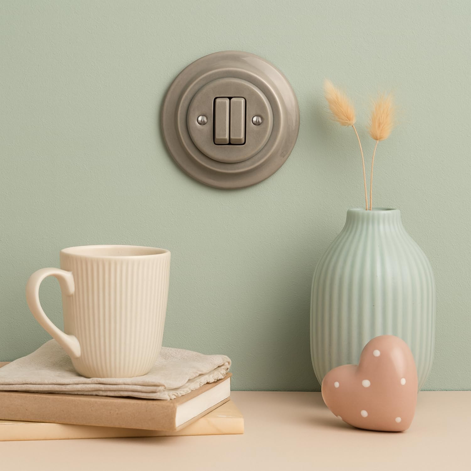 Unterputz Porzellan Retro Doppelschalter, All-in-One, Serie PR1 graubeige