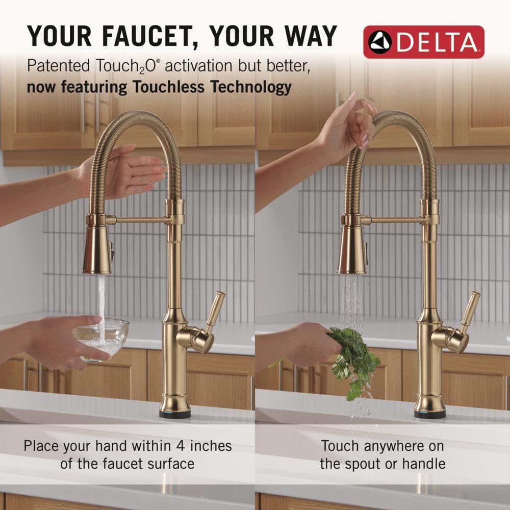 Delta Renaldi Touchless Pro Style Commercial Kitchen Faucet with Touch Technology, Brushed Gold Kitchen Sink Faucet with High Pressure ProClean Spray, Lumicoat Champagne Bronze 9684TL-CZ-PR-DST