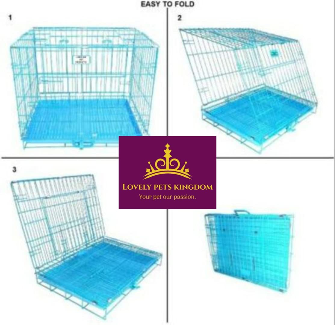 Lovely PET'S KINDOM-Double Door Folding Metal cage with Removable Tray and paw Protector for Dogs,Cats and Rabbits (24 inch Blue) 2