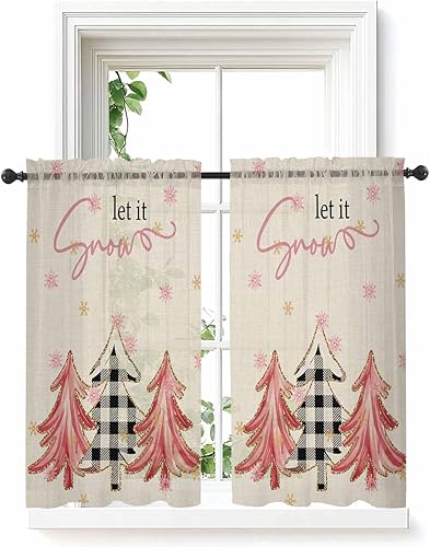 Juego de 2 paneles de cortinas traslúcidas para ventana de árbol de Navidad, cortinas de 54 pulgadas de largo para cocina, dormitorio, sala de