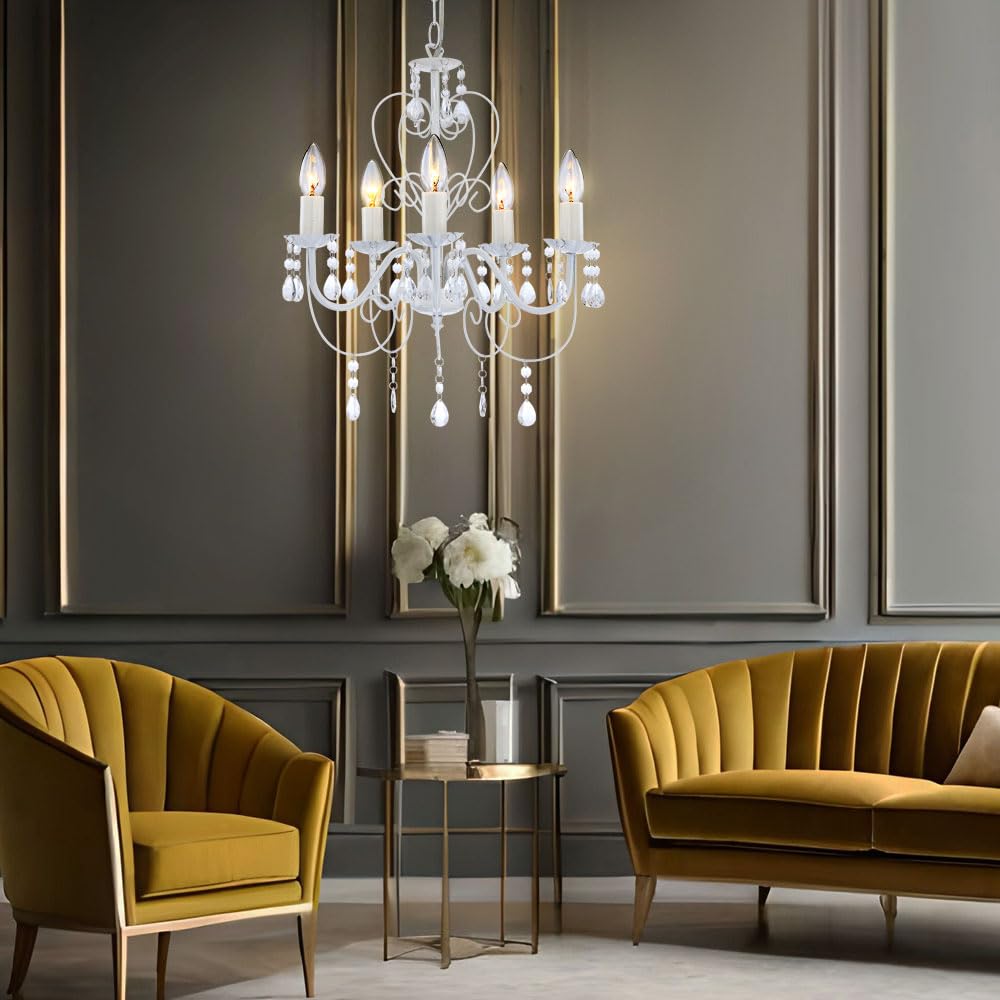 Pendelleuchte weiß Kristall Lampe Kronleuchter Wohnzimmerleuchte Deckenleuchte Hängelampe, 5-flammig hängend, 5x E14, DxH 44x129 cm