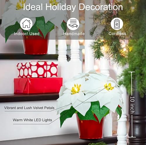 Miniatura 4 de Paquete de 2 decoraciones navideñas artificiales de flores de pascua preiluminadas, flores de Pascua artificiales (blanco, 10)