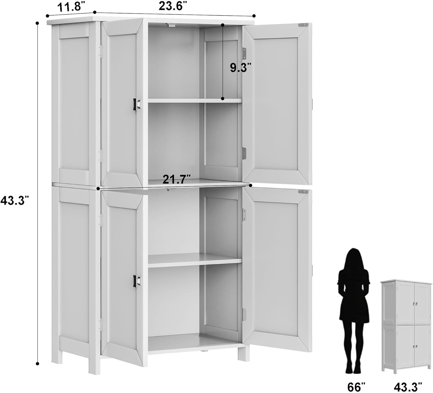 Bathroom Cabinet with Adjustable Shelf Freestanding Storage Cabinet with 2 Doors Wooden Organizer Floor for Bathroom Kitchen and Living Room (White, 4 Doors)