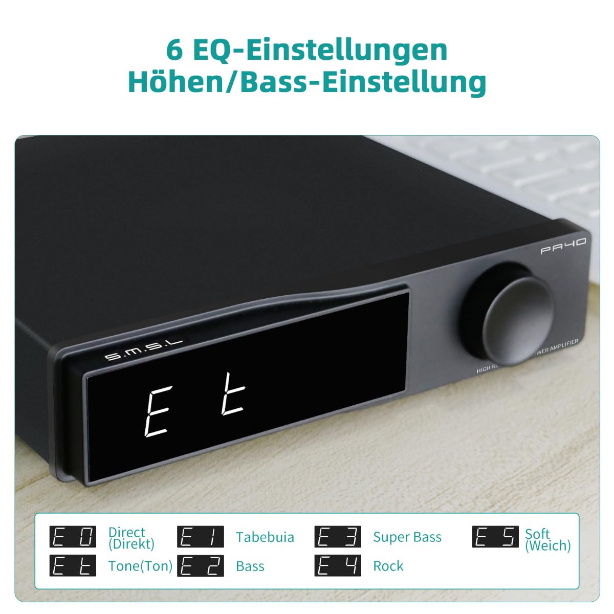 SMSL PA40 Class D Verstärker, 165Wx2 Stereo Verstärker für Passiv-Lautsprecher, Leistungsverstärker mit MA5332 Chip/EQ/Bass-Höhenregler/Eingebautes Netzgerät