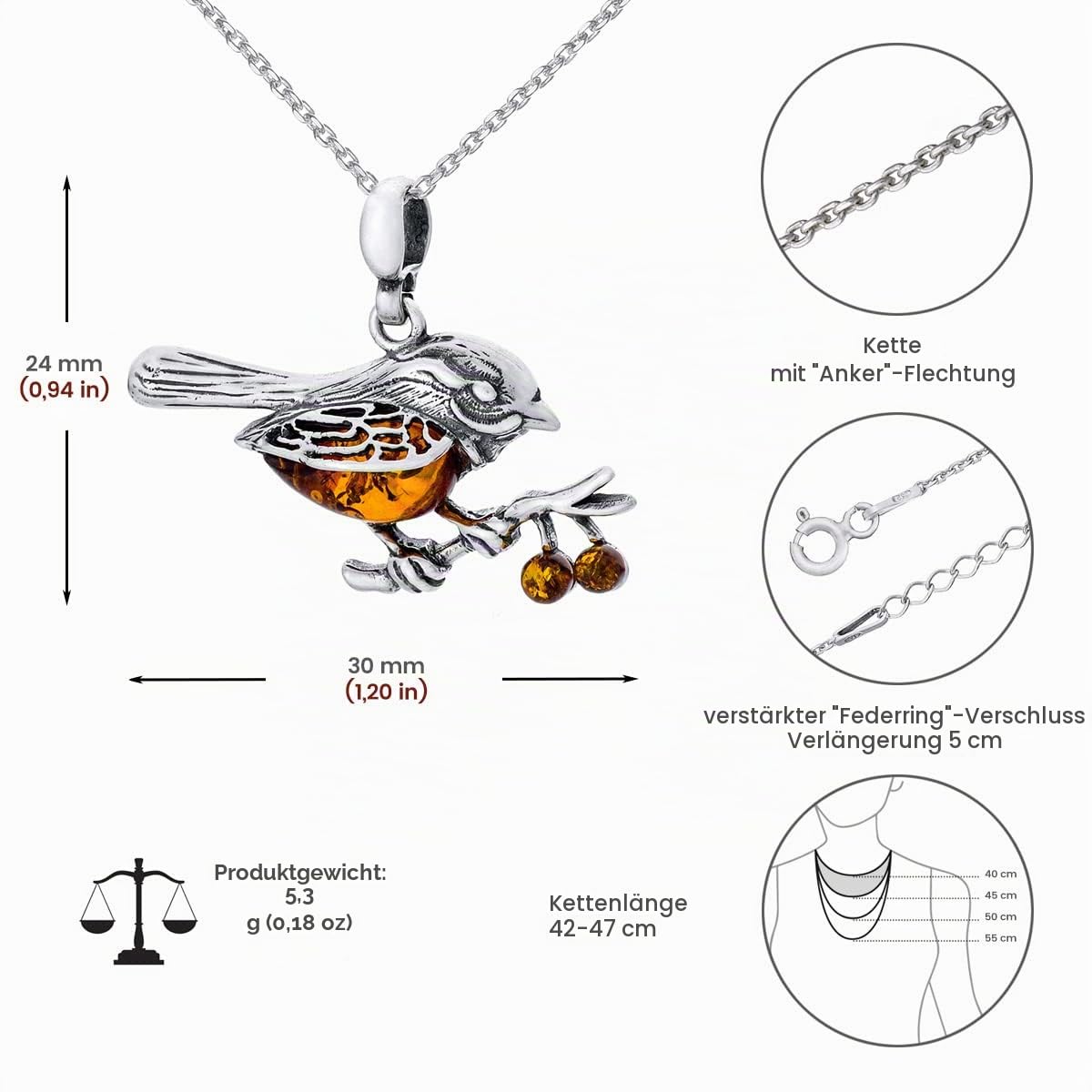 Damen Halskette Bernsteinspatz, Oxidiertes Sterling Silber, Baltischer Bernstein in Cognac Farbe, Silberanhänger mit Kette