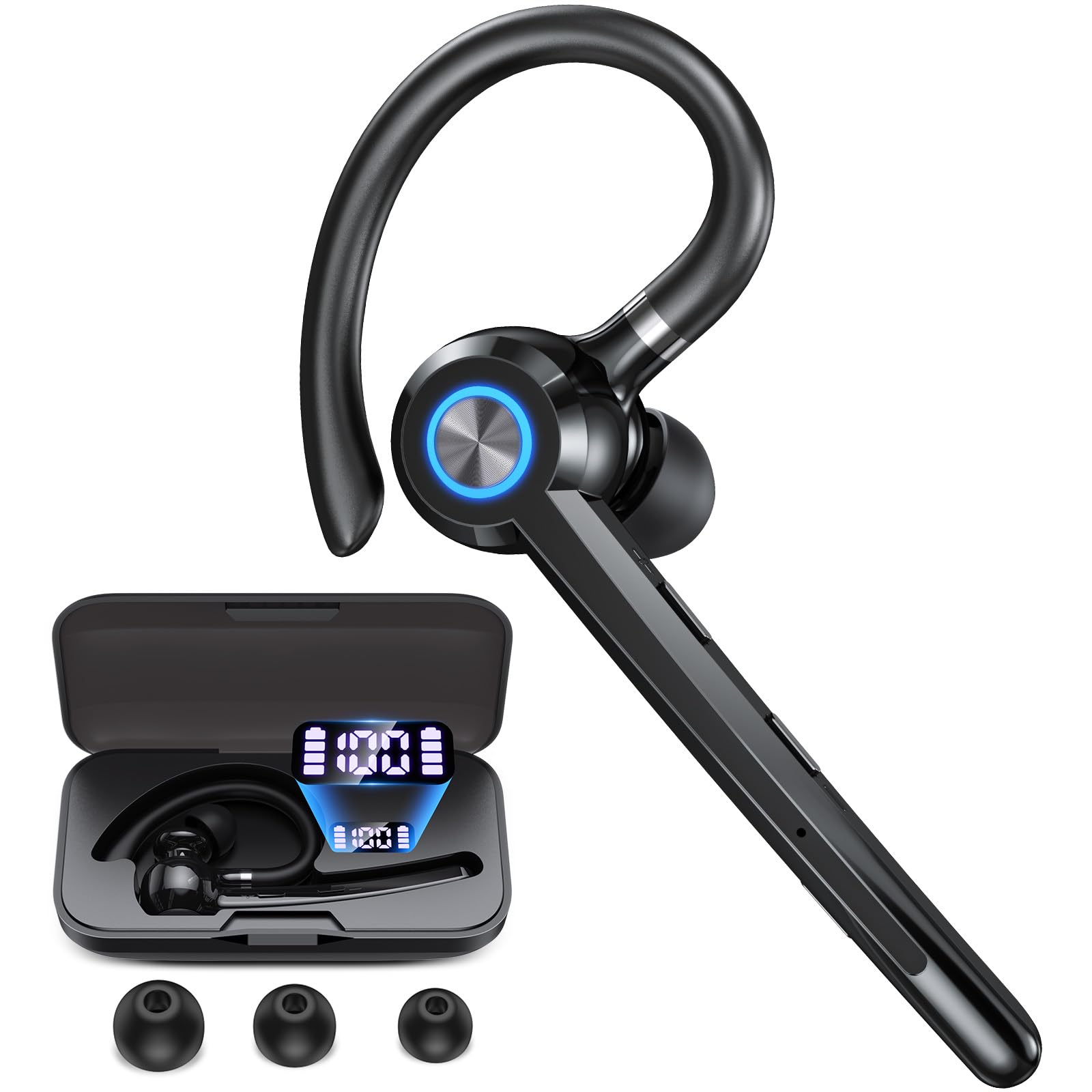 Auricolare Bluetooth con microfono, auricolare Bluetooth V5.4 con custodia Charing, tempo di standby 150 ore, vivavoce con cancellazione del rumore, per lavoro, ufficio, camionista (nero)