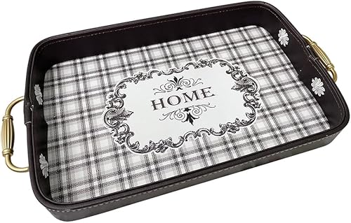 Miniatura 3 de Elegante bandeja de cuero con asas, bandeja decorativa a cuadros en blanco y negro para desayuno, almuerzo, cena, aperitivos, patio, otomana, mesa
