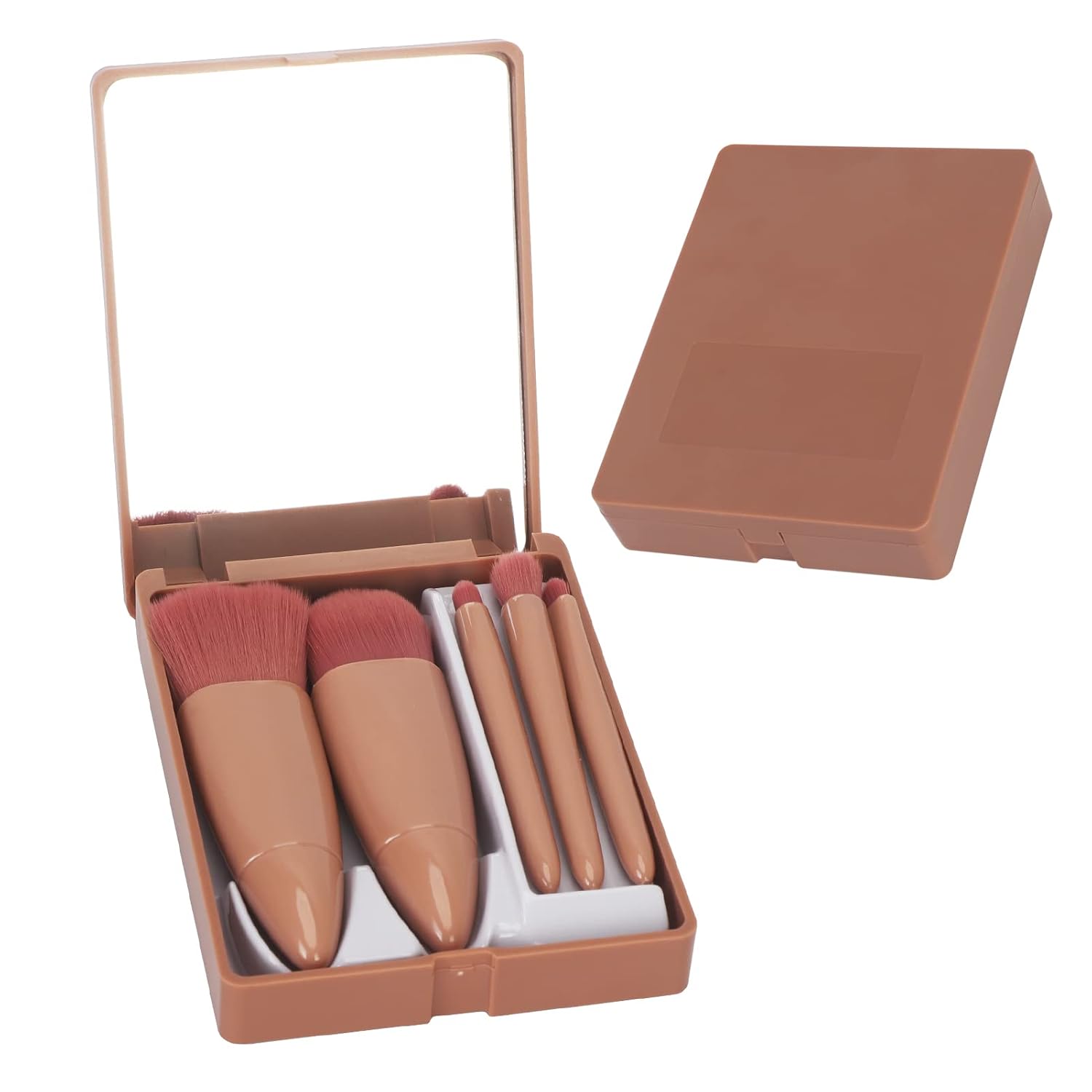 Unaone 5 Piece Makeup Brushes Set, Professional Travel Small Makeup Brushes with Brush Case Built-in Mirror, Portable Cosmetics Brushes for Eyeshadow, Powder, Foundation, Blush