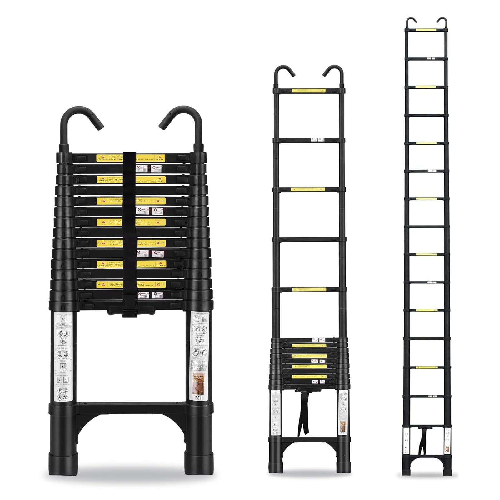 DajianglxTelescoping Ladder, 15.5FT Aluminum Extension Foldable Ladder with Hooks & 2 Triangle Stabilizers, 330lbs Capacity Collapsible Non-Slip Feet Ladder for Household RV Attic Outdoor Work Black