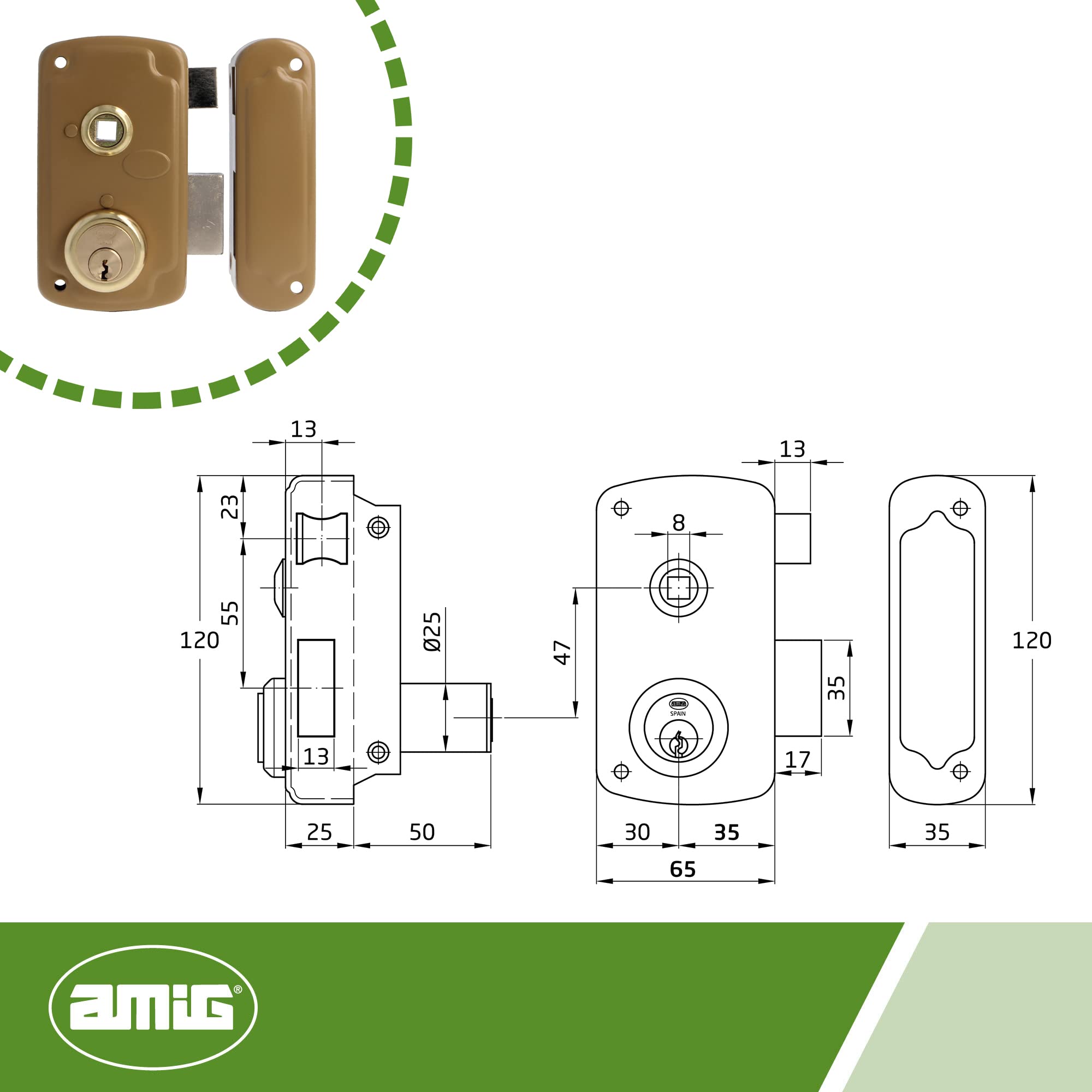 Amig - Serratura da sovrapposizione a destra con leva di chiusura, linguetta e maniglia per porte in legno mod. 75UN 66 x 120 mm Cilindro rotondo di sicurezza in acciaio dorato