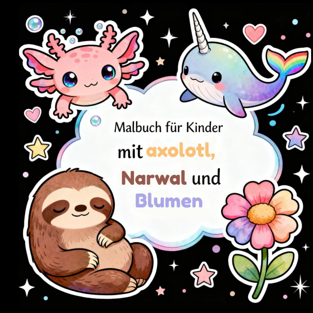 Malbuch für Kinder mit Axolotl, Narwal und Blumen: Niedliche Tiere und florale Motive zum einfachen Ausmalen für kreative und entspannte Stunden