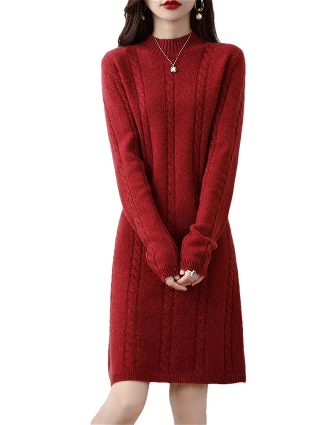 Maglione da donna in lana tinta unita ispessito girocollo lavorato a maglia a cavo