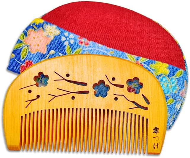 本つげ 上質仕上げ 半月 うめ彫り とかし櫛 ケース付き(色・柄おまかせ) 1個 椿油仕上 静電気防止 国産 日本製 コーム つげの櫛 つげ櫛 上質仕上げ(上質 半月 うめ)