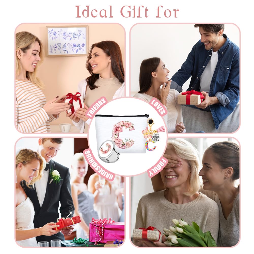 WALLFID Pochette Personalizzata con Lettere, Pochette da Make-up con Specchio & Portachiavi Motivazionale, Iniziali A–Z, Ideale come Regalo per Ragazze, Donne & Testimoni di Nozze (C)