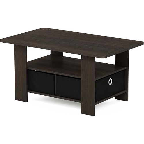 Furinno Andrey Coffee Table, Small Modern Center Table with Storage and Bin Drawer, Side Table for Living Room, Bedroom, Home Office, Dark Brown