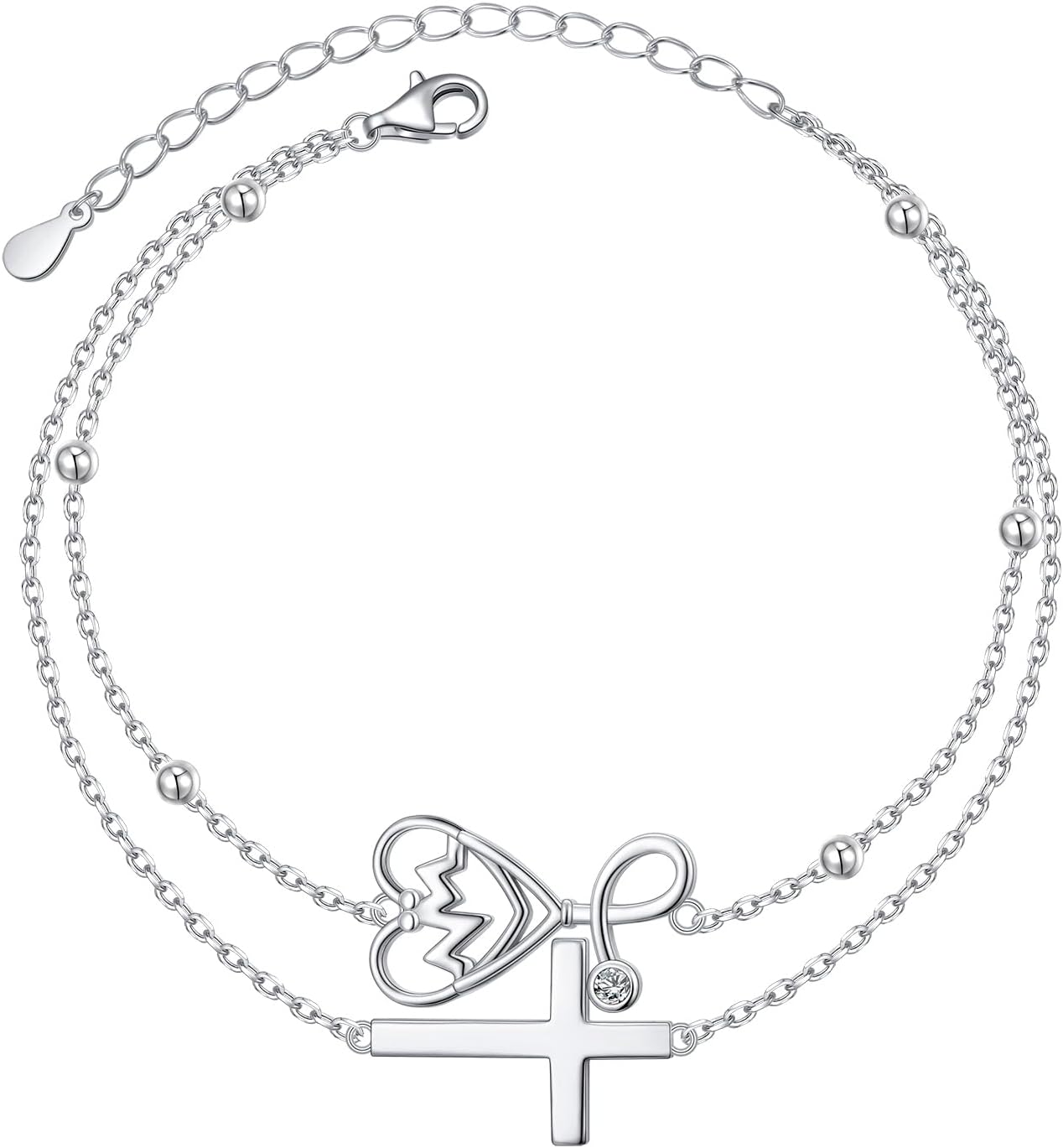 Ladytree 925 Sterling Silver Cross Stethoscope Bracelet for Women Nurse Jewelry Christian Medical Bracelet Gift