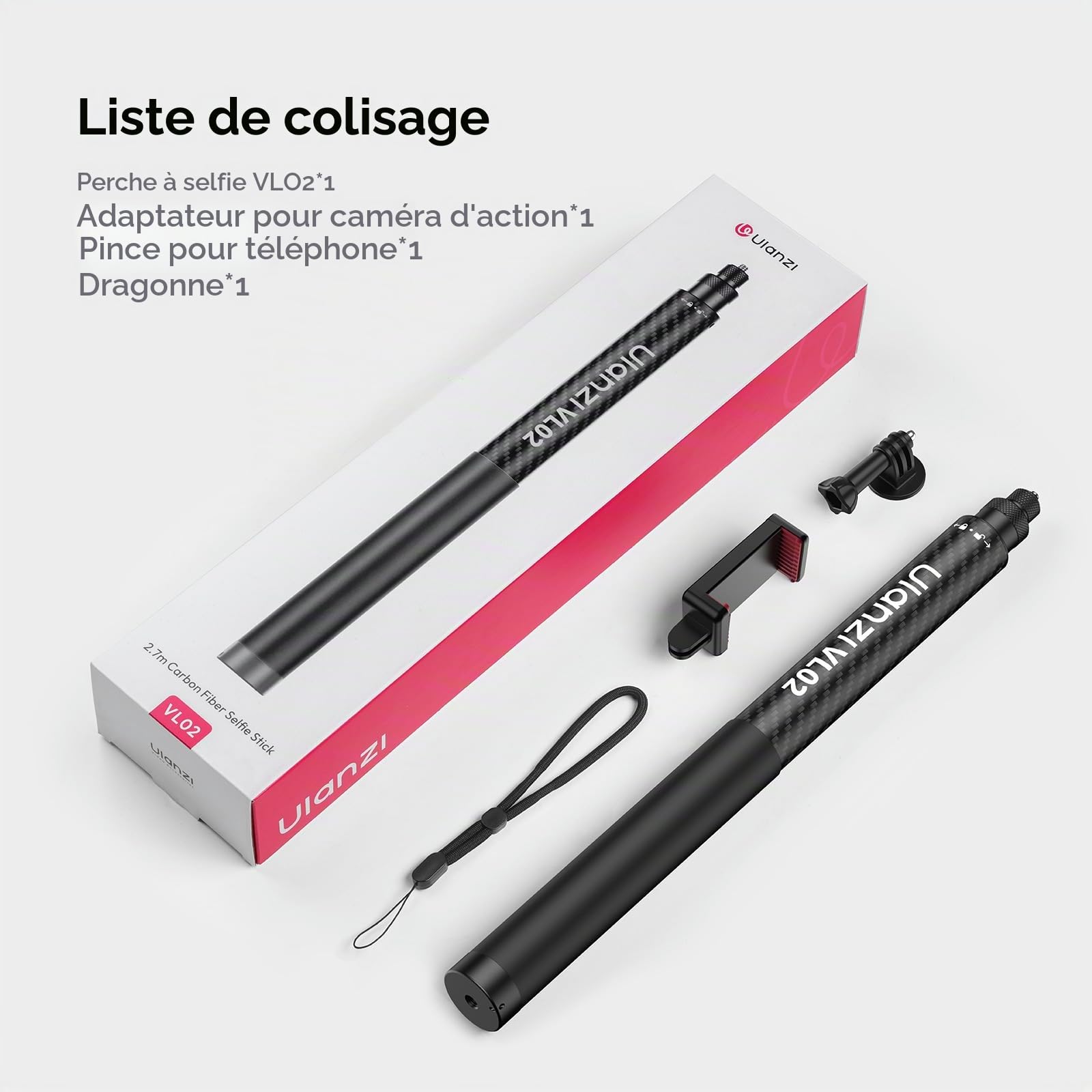 ULANZI VL02 Perche à Selfie en Fibre de Carbone pour Insta360/DJI Osmo Pocket 3 4, 2,7 m pour caméra d'action Go Pro, rallonge 1/4", Compatible avec différents appareils, Longueur réglable