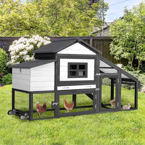 Mobile Chicken Coop with Wheels, Outdoor Hen House with Leak-Proof Tray, UV-Resistant Roof & Nesting