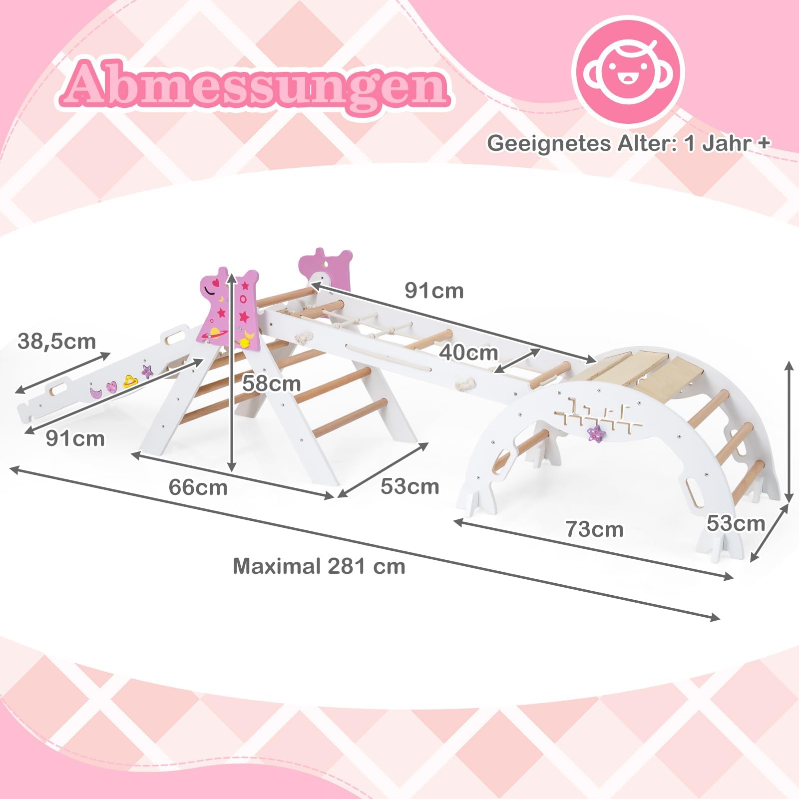 FANTASK Set di 4 telai da arrampicata 7 in 1 per interni, con scivolo, arco da arrampicata, rete, con rampa su entrambi i lati, set di mattoncini e 2 auto, unicorno, triangolo da arrampicata in legno