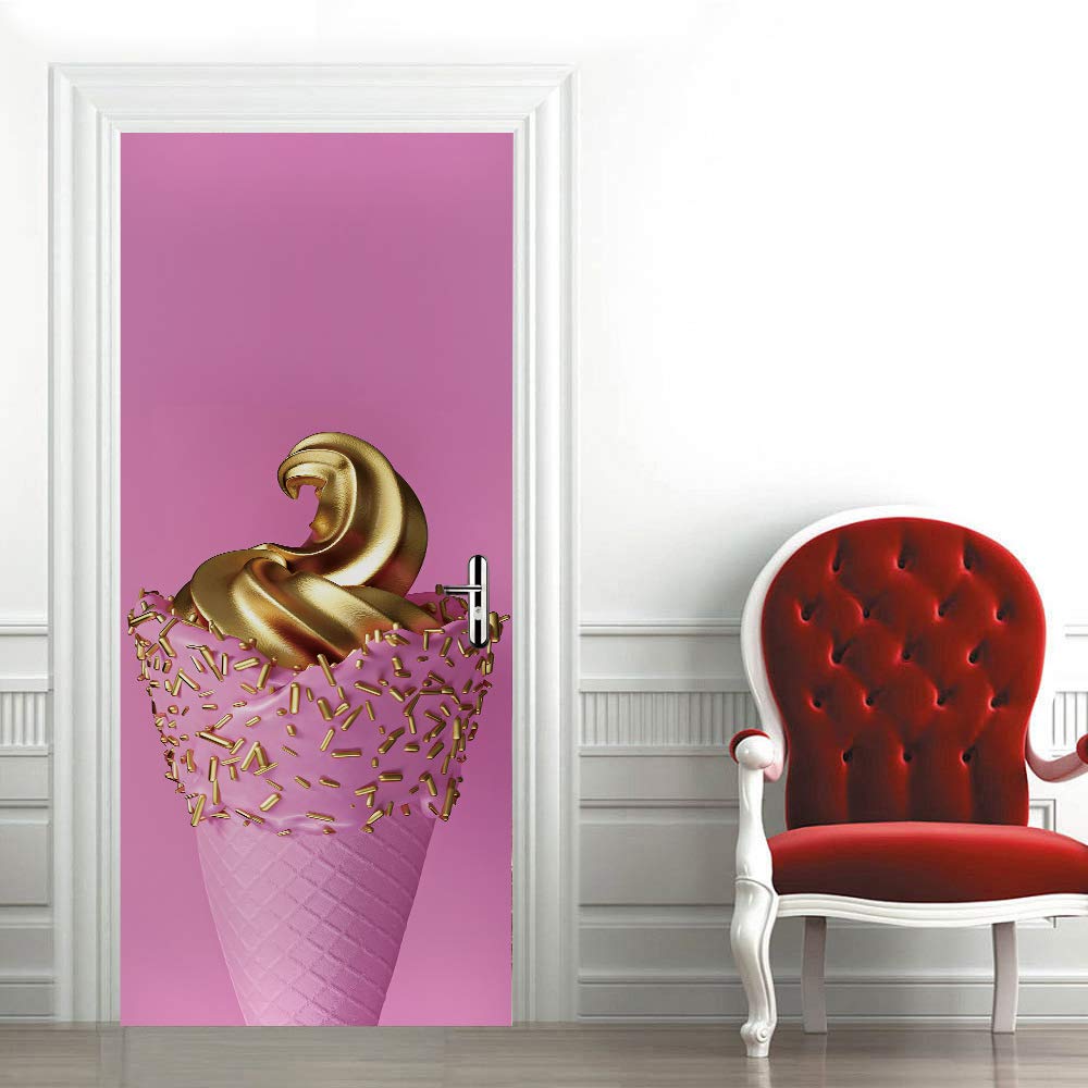 Sticker Porte Mural Intérieure Trompe l'œil 3D - Papier Peint Rose Cuisine Salon